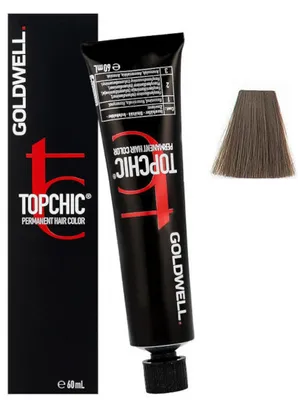 A box and tube of Goldwell Topchic hair color, with a swatch of the hair color.