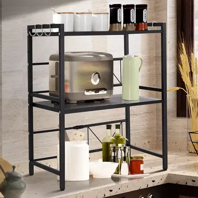 Image de Support extensible pour micro-ondes Étagère de cuisine à 2 niveaux avec crochets