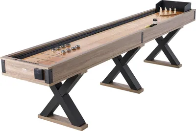 A shuffleboard table with accessories on a white background.
