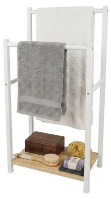 Productafbeelding van Relaxdays Handdoekrek met opbergruimte, BHD: 80 x 42 x 24 cm, 2 stangen, vrijstaand handdoekrek, MDF & metaal, naturel/wit