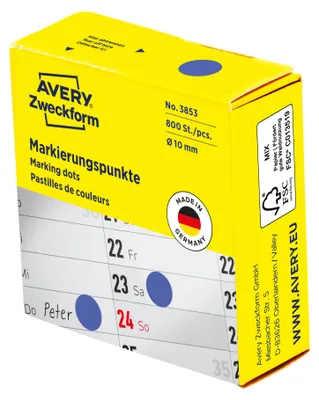 Produktbild von Avery Zweckform 3853, Markierungspunkte, ? 10 mm, 800 Markierungspunkte / 1 Rolle, blau