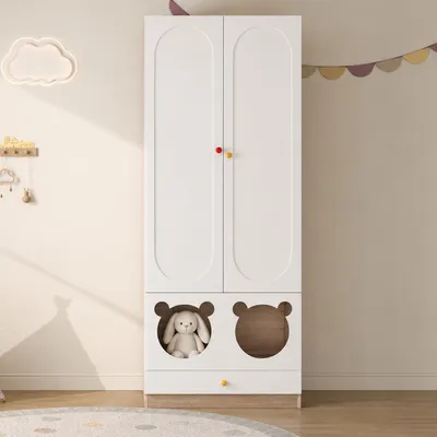 Produktbild von Kinderkleiderschrank mit zwei Türen, Kleiderstange und Schubladen, 80 × 50 × 200 cm, Weiß mit Holzoptik