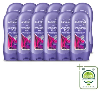 Immagine prodotto di 12 confezioni di balsamo Andrélon "Verleidelijk Kort" per capelli corti, formato da 300 ml ciascuna. Confezione grande, composta da 12 pezzi