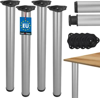 A set of four adjustable table legs, along with some additional components and a partial view of a wooden tabletop.