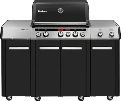 A black and silver gas grill is shown against a white background.