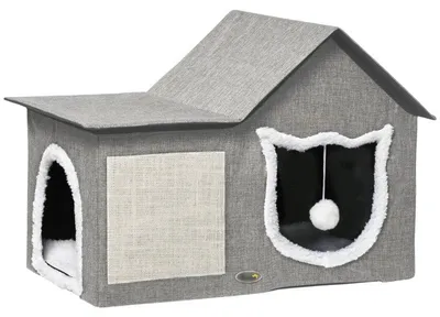 Produktbild von Katzenhaus mit Kratzmatte und Kissen | Farbe: Grau, Cremeweiß | Abmessungen: 41x65x45,5 cm