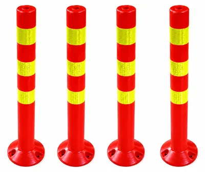 Immagine prodotto di set di 4 paletti barriera [altezza-72,5 cm] - paletto barriera riflettente | barriera con base [fissaggio con viti] | supporto barriera | paletto per parco colore rosso | delineatore | dissuasore