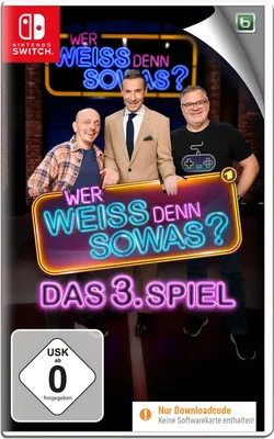 The image is a product box for a Nintendo Switch game titled 'Wer weiss denn sowas? - Das 3. Spiel'. It features three men in the foreground and the game's title in neon lights.