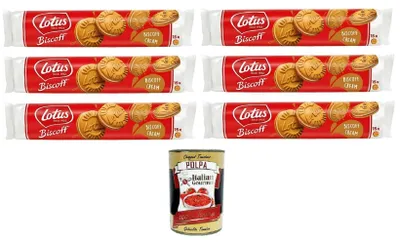 Produktbild von Lotus Biscoff Sandwich Zwei knusprige karamellisierte Kekse, gefüllt mit Sahne mit Biscoff-Geschmack 6x150 g+ Italian Gourmet polpa 400g