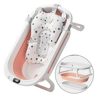 Produktbild von Babybadewanne für 0–72 Monate mit klappbarem Badeeinsatz,Stützkissen,tragbar,ideal für Neugeborene und Kleinkinder,integrierter Temperatursensor,rosa