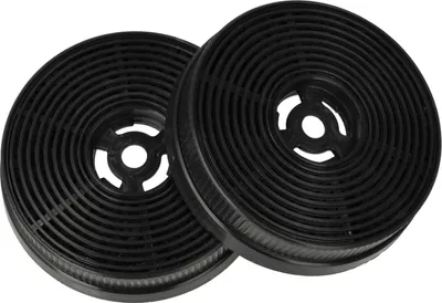 Two black circular charcoal filters for a range hood, arranged diagonally.
