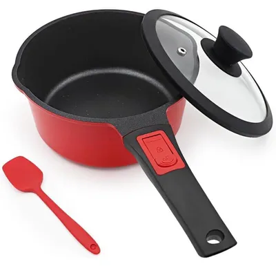 Zdjęcie produktu dla Garnek ze stali nierdzewnej, 16 cm, z pokrywką, pojemność 1,5L, powłoka nieprzywierająca, zdejmowany uchwyt, nadaje się do wszystkich rodzajów kuchenek, można go używać w piekarniku, kolor: czerwono-czarny