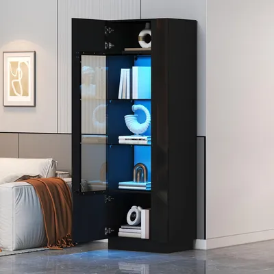 Immagine prodotto di Vetrina LED Merax, 60x40x180 cm, con ante in acrilico, striscia LED controllabile tramite app, mobiletto alto con 5 scomparti e 3 ripiani in vetro, frontale nero lucido