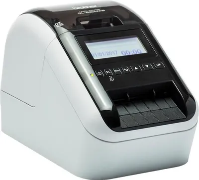 A white and black Brother label printer is shown from a slightly elevated front-right angle against a white background.