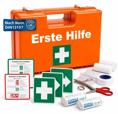 Produktbild von Erste-Hilfe-Koffer Verbandkasten Erste-Hilfe-Set - DIN 13157 - Orange - Mit Wandhalterung