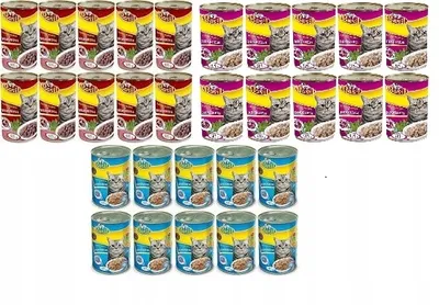 A collage of multiple cans of cat food.