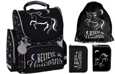 Produktbild von Schulranzen Set 3 teilig Tornister Mädchen Schwarz Einhorn