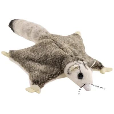 A plush toy of a flying squirrel is shown lying flat against a white background.