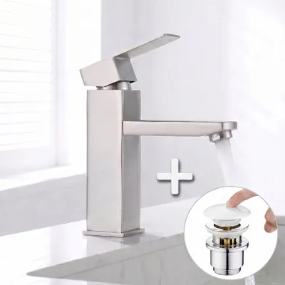 Produktbild von Homelody Wasserhahn Bad Gebürstet+Universal Ablaufgarnitur Pop-Up Ventil 1 1/4 Zoll Weiß, Einhandmischer Gäste WC Waschtischarmatur Mischbatterie