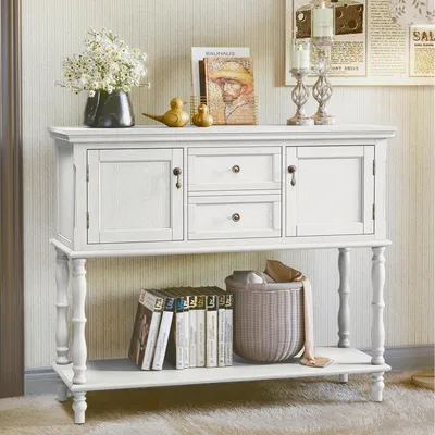 Image de Console avec tiroirs et étagère de rangement, en bois blanc, design épuré, idéale pour le salon, l'entrée, le couloir, ou la chambre