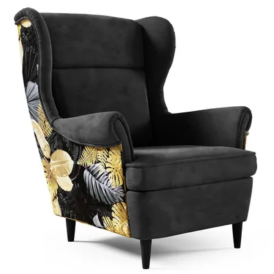 Produktbild von Ohrensessel HAVANA Print – Skandinavischer Relaxsessel mit hoher Rückenlehne, modernem Design, Schwarz, Wenge-Beine