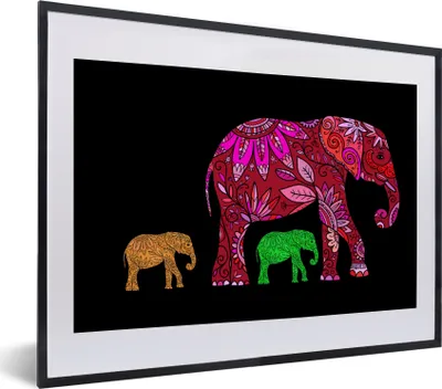 Produktbild von MuchoWow® MuchoWow® Gerahmtes Poster Elefanten - Muster - Blumen - Pflanzen 40x30 cm - Poster mit zchwarzem Bilderrahmen - Bilderrahmen - Poster im Rahmen