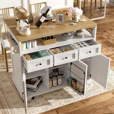 Image de Îlot de cuisine mobile, dimensions 118x43x98 cm, blanc, imitation bois, multifonctionnel, avec espace de rangement, porte-serviettes et pliable