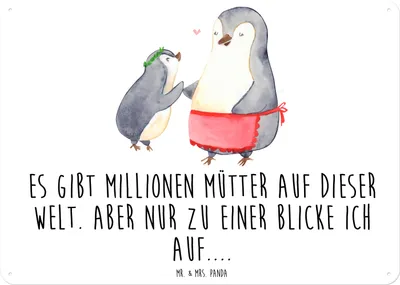 Produktbild von Mr. & Mrs. Panda Schild Pinguin mit Kind DIN A6 - Weiß - Geschenk, Lieblingsmensch, Türschild, tafel, Mutter, Pinguine, Wandbild, Tochter, Muttertag, Vorbild Mama, Bruder