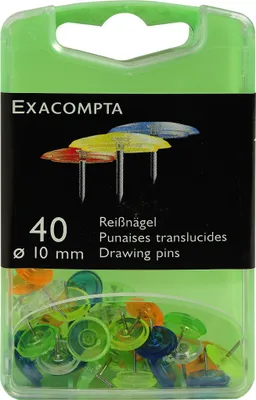 Produktbild von Exacompta 14045E Blisterbox mit 40 Stück Reißnägeln Linicolor, Ø10mm, Spitze 7mm - Transparente Farben sortiert