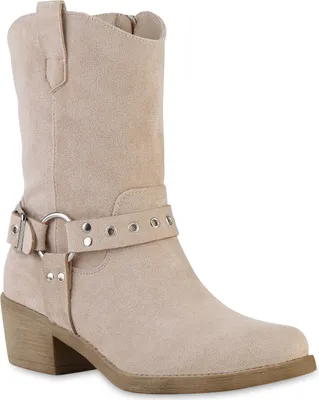 Produktbild von VAN HILL Damen Leicht Gefütterte Cowboy Boots Stiefeletten Schnallen Schuhe 841326, Farbe: Beige, Größe: 37