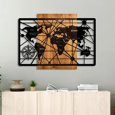 Image de Wallity, World Map 6-L, Accessoire mural décoratif en bois, 100 % BOIS / MÉTAL, noyer, 70 x 96 cm