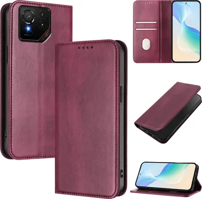 Obrázek produktu pro Pouzdro pro Asus ROG Phone 9 / 9 Pro, vintage kožené pouzdro s RFID ochranou, přihrádkami na karty, stojánkem Červený