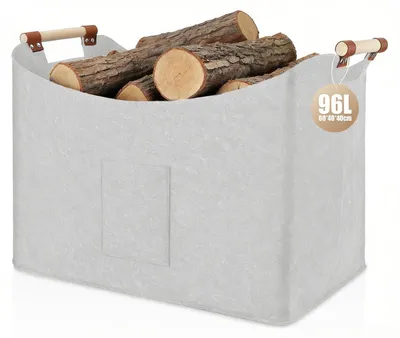 Imagen del producto de Cesta plegable para leña, de 96 litros, fabricada en fieltro de color gris claro, con asa reforzada, ideal para leña de chimenea