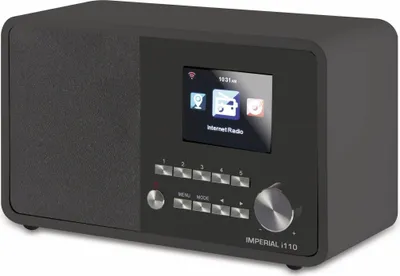 A black Imperial i110 internet radio is shown from a three-quarter front view against a light gray background.