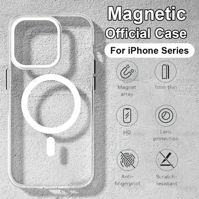 A clear phone case with magnetic charging capabilities is shown against a textured gray background, with feature callouts.