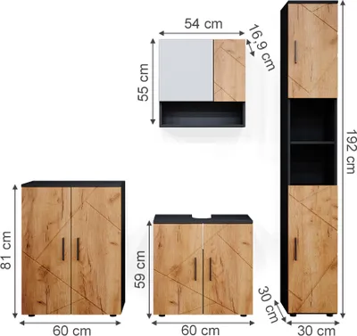 Immagine prodotto di Set mobili bagno Vicco Irma Rovere dorato/antracite 4 parti, con armadio alto e cassettiera, Model 36810