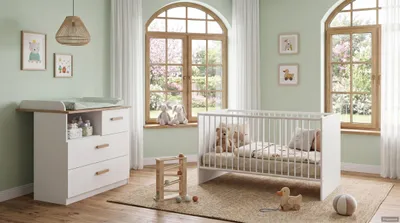 Produktbild von Babyzimmer-Set Kinderzimmer Babybett 70x140 cm, Wickelkommode, Weiß & Eiche Nachbildung / 22811