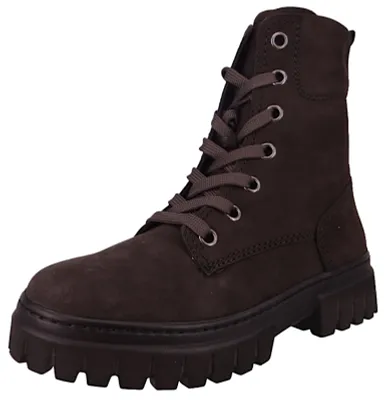 A single brown lace-up boot is shown against a white background.