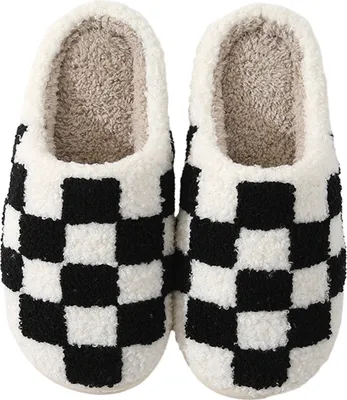 Produktbild von 1 Paar gemütliche Baumwollpantoffeln mit Schachbrettmuster, warm, weich, rutschfest, Uni, verdickte Baumwollschuhe für den Heimbedarf