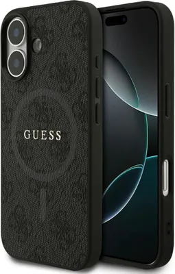 A black phone case with a repeating GUESS logo pattern and the GUESS brand name is shown next to a smartphone.