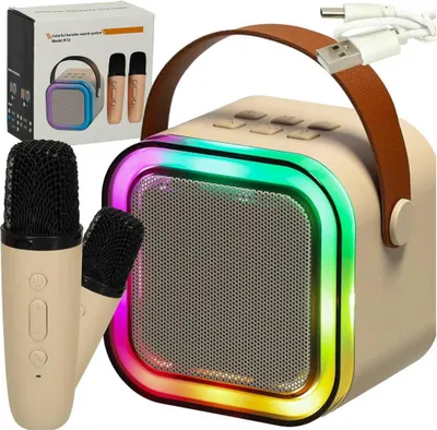 Obrázok produktu pre Karaoke set 2 mikrofóny + prenosný reproduktor BLUETOOTH USB LED béžová