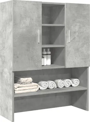 A concrete-effect cabinet with shelves and doors, displaying towels and bottles.
