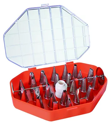 Produktbild von Schneider Spritztüllen-Set 29-teilig aus Edelstahl, 30 mm Höhe, inkl. Adapter und Kunststoffbox