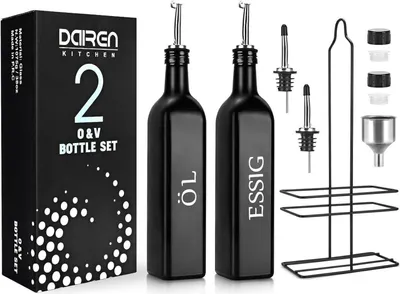 Image de Huile Vinaigre Distributeur Bouteille 500ml Verre Set Inox Bec Noir 2 pièces