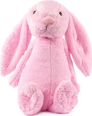 A pink plush bunny toy is shown sitting upright against a white background.