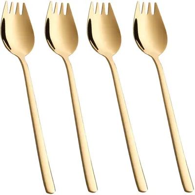 Immagine prodotto di Set di 4 posate "Spork" in acciaio inossidabile dorato, 2-in-1 (forchetta e cucchiaio)
