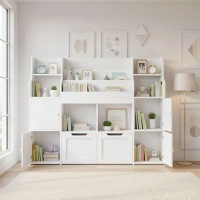 Produktbild von Schrank - Anrichteschrank - Bücherregal - Aufbewahrungsschrank - Aufbewahrungsmöbel - Rosa-weißer Holzschrank - Geräumige Inneneinteilung