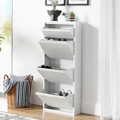 Produktbild von Schuhschrank Sokndal Schuhkipper mit 4 Klappen Metall Schuhkommode für 6 Paar Schuhe 118 x 50 x 15 cm Weiß