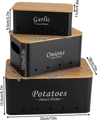Image de Rangement de cuisine - Boîtes de conservation pour pommes de terre, oignons, ail - Lot de 3 pièces, 22–33 cm - Acier au carbone avec couvercles en bambou - Couvercles aérés - Adaptées à un usage alimentaire - Noir