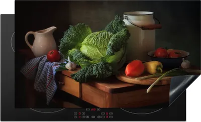 Produktbild von KitchenYeah© Herdabdeckplatte Stilleben - Gemüse - Farben , 91x52cm, Küche Deko, Glaskeramikkochfeld Herdabdeckung, Abdeckplatte fùr Kochfeld